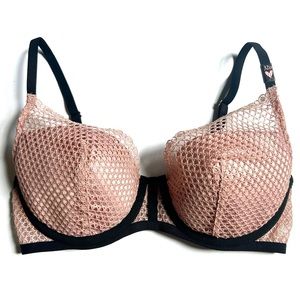 New Victoria’s Secret Plunge Bra 32D Black Pink Rose Gold Mesh Detail Padded